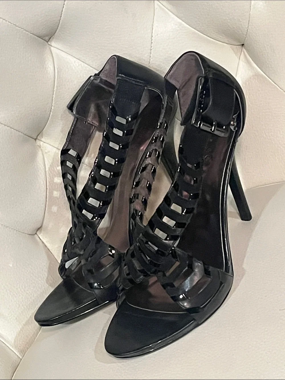 Guess by Marciano Glossy Black Leather Strappy Stiletto Sandals 8.5